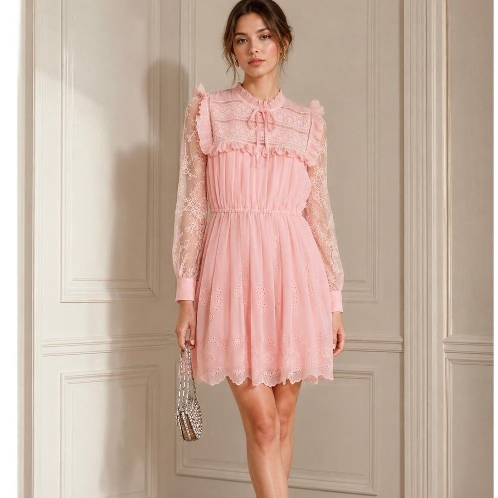 Self-Portrait Pink Broderie Chiffon Mini Dress size 6 Guipure Lace